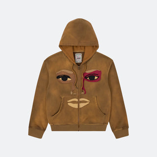 KidSuper Patchwork Face Zip-Up Hoodie (Dark Brown)